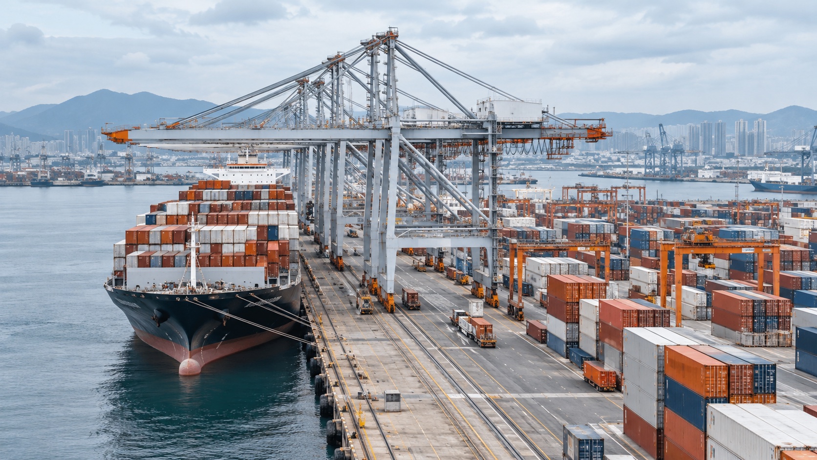 Container ship and cranes at an international cargo port
